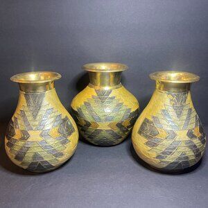 Vintage MCM Set of 3 India Brass Enamel Hand Painted Geometric Pattern Vases